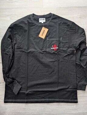 NOHOURS Long Sleeve Pocket T Shirt Black Embroidered Graphic Mens Large NWT